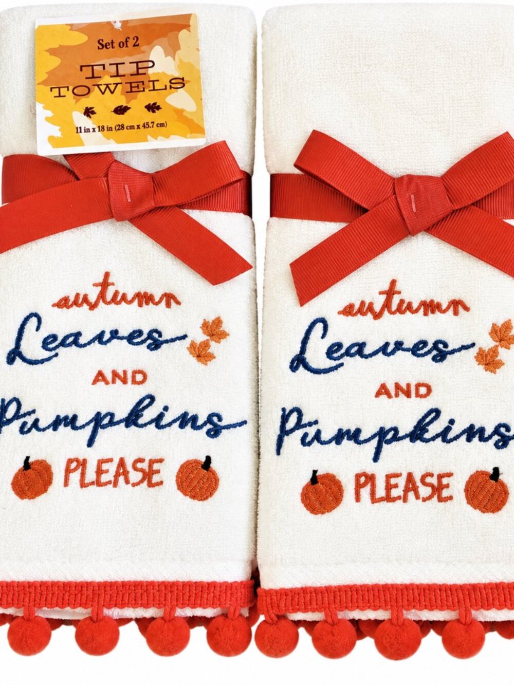Autumn Leaves Pumpkins Fingertip Towels Embroidered Bathroom Pom Pom Set of 2